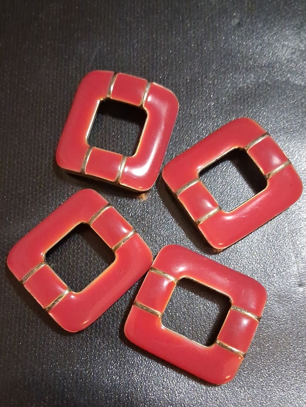 Vintage Red Enamel Square Buckles - Set of 4 for crafting.